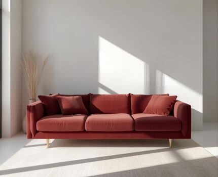 Kanapa bordowa i sofa ceglana – elegancja i charakter w aranżacji salonu jubilerskiego